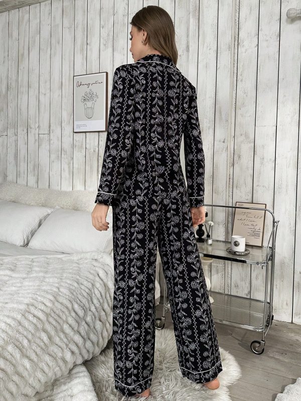 17351817537fe6adcfbddebb00d88f6c5f00fa4cb7 Women Floral Print Long Sleeve Top & Long Pants Pajama Set, Autumn/Winter, Fall Clothes