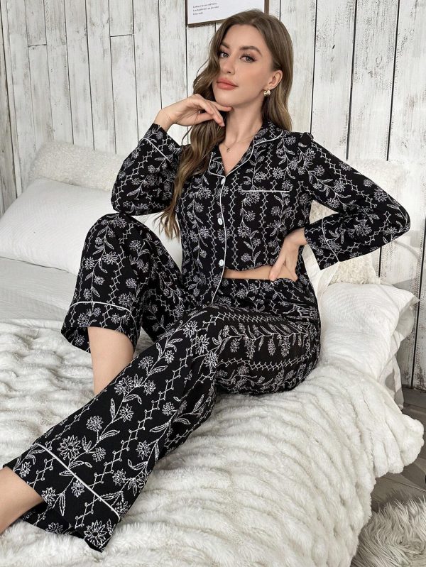 17351817562780f3f2cc9d32a343f4e9d8d3f844a3 Women Floral Print Long Sleeve Top & Long Pants Pajama Set, Autumn/Winter, Fall Clothes