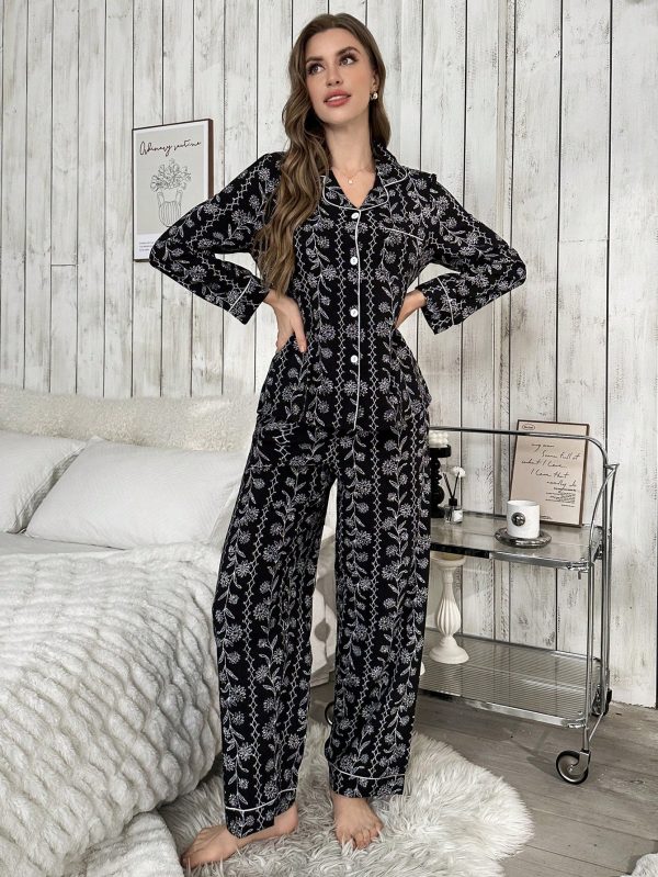17351817638a2f206f49a779fdbe34b1f229d5cbb8 Women Floral Print Long Sleeve Top & Long Pants Pajama Set, Autumn/Winter, Fall Clothes