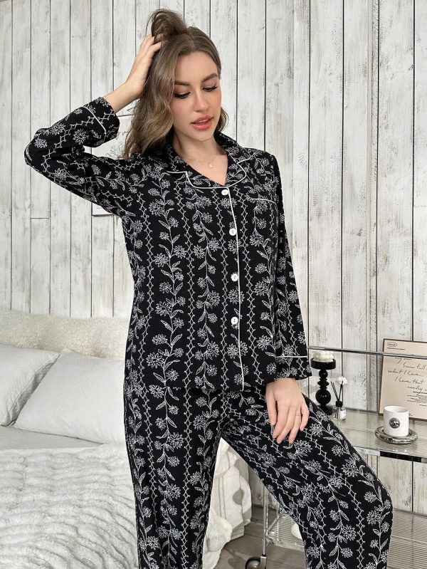 1735181766c66c8b3dc34faf0c84d8a83d1ddfbaa8 Women Floral Print Long Sleeve Top & Long Pants Pajama Set, Autumn/Winter, Fall Clothes