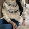 DAZY Crew Neck Jacquard Knit Sweater, Slouchy Retro Loose Soft Style Fall,Winter Christmas,New Year