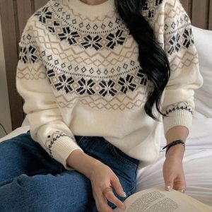 17552556882e3009adcec408589b52b2a4ef431142 DAZY Crew Neck Jacquard Knit Sweater, Slouchy Retro Loose Soft Style Fall,Winter Christmas,New Year