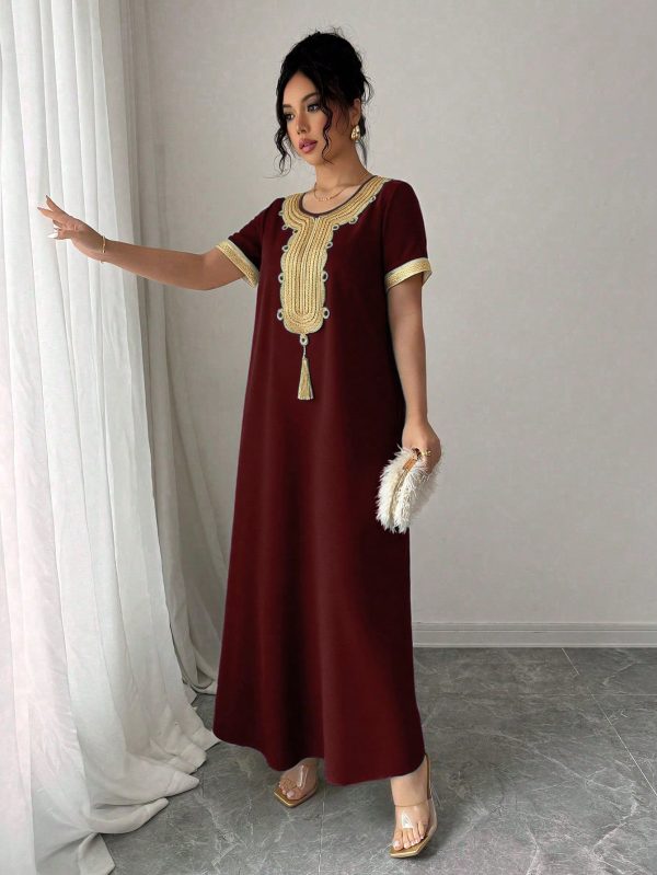 17604057379c7669d9c753daa012137c0efb38363b Rafferiza Women's Fashion Round Neck Raglan Short Sleeve Loose Vintage Elegant Gold Lace Trim Dress